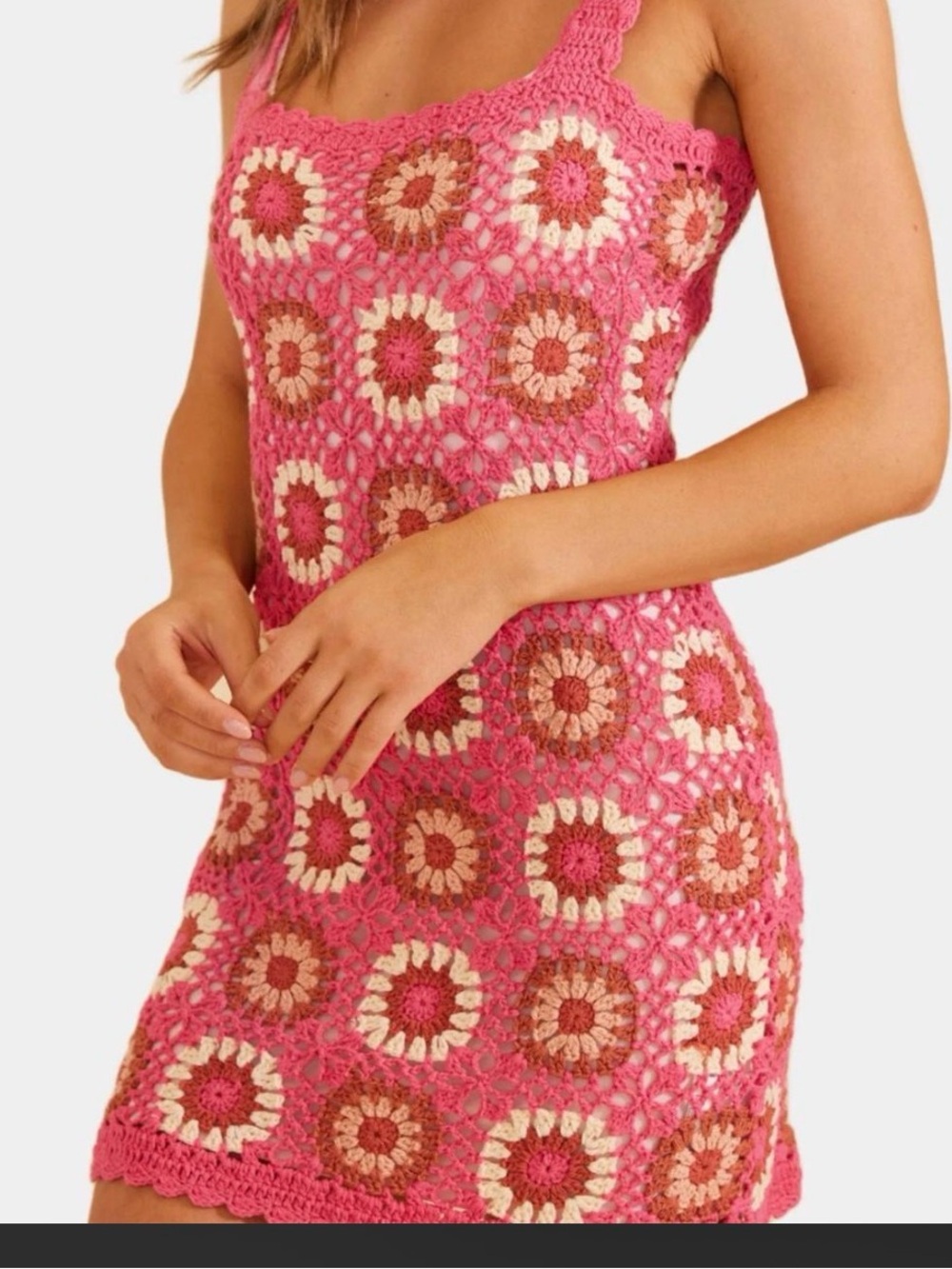 MINKPINK Pink Crochet Square-Motif Mini Dress with Cream Accents